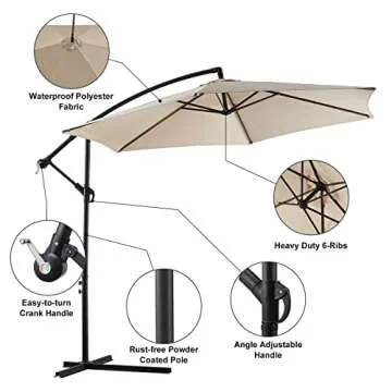 TUKAILAi 10ft Cantilever Patio Umbrella, Offset Hanging Outdoor Table Umbrella with Tilt Crank, 6 Sturdy Ribs and Cross Base, UV 50+ Protection Sun Shade for Market, Garden, Backyard & Pool (Cream)