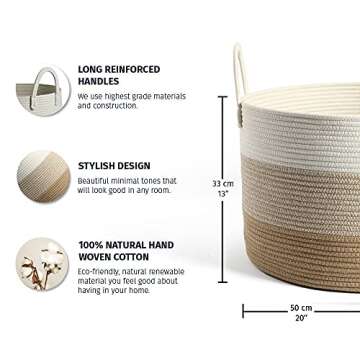 OrganiHaus Woven Baskets for Storage 20x13, Modern Boho Laundry Basket, Cotton Rope Blanket Basket f...