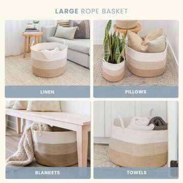 OrganiHaus Woven Baskets for Storage 20x13, Modern Boho Laundry Basket, Cotton Rope Blanket Basket for Living Room, Extra Large Storage Basket for Kids, Laundry Hamper & Blanket Holder, Honey