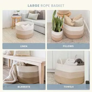 OrganiHaus Woven Baskets for Storage 20x13, Modern Boho Laundry Basket, Cotton Rope Blanket Basket for Living Room, Extra Large Storage Basket for Kids, Laundry Hamper & Blanket Holder, Honey