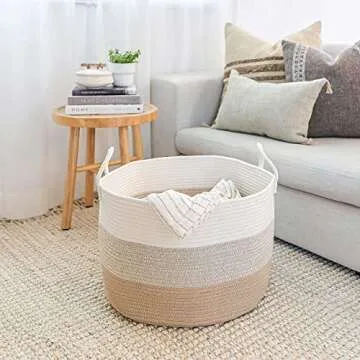 OrganiHaus Woven Baskets for Storage 20x13, Modern Boho Laundry Basket, Cotton Rope Blanket Basket for Living Room, Extra Large Storage Basket for Kids, Laundry Hamper & Blanket Holder, Honey