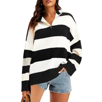 GREAIDEA Womens Striped Oversized Sweaters Trendy Quarter Zip Long Sleeve Loose Knit Turtleneck Pull...