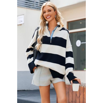 GREAIDEA Womens Striped Oversized Sweaters Trendy Quarter Zip Long Sleeve Loose Knit Turtleneck Pullover Fall Winter Outfits Color Block Casual Tops Black White XS
