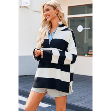 GREAIDEA Womens Striped Oversized Sweaters Trendy Quarter Zip Long Sleeve Loose Knit Turtleneck Pullover Fall Winter Outfits Color Block Casual Tops Black White XS