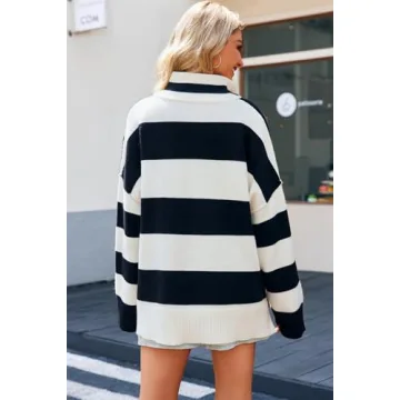 GREAIDEA Womens Striped Oversized Sweaters Trendy Quarter Zip Long Sleeve Loose Knit Turtleneck Pullover Fall Winter Outfits Color Block Casual Tops Black White XS