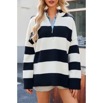 GREAIDEA Womens Striped Oversized Sweaters Trendy Quarter Zip Long Sleeve Loose Knit Turtleneck Pullover Fall Winter Outfits Color Block Casual Tops Black White XS