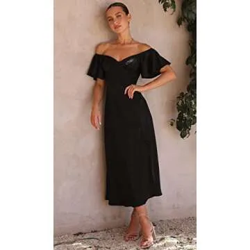 2023 Summer Women's Satin Off Shoulder Formal Dress Wedding Guest Elegant Butterfly Sleeve Split Cocktail Prom Midi Dresses Black