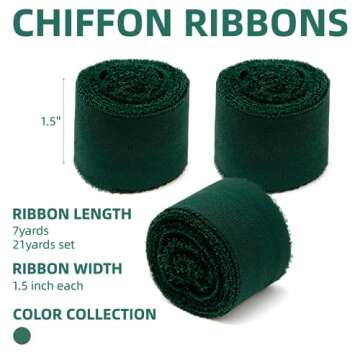KEOSREE 3 Rolls Dark Green Handmade Chiffon Ribbon,1.5" x 21Yd Frayed Fringe Silk Ribbons (3 Rolls *7Yd) for Gifts Wrapping, Wedding Invitations, Bridal Bouquets, Decorations