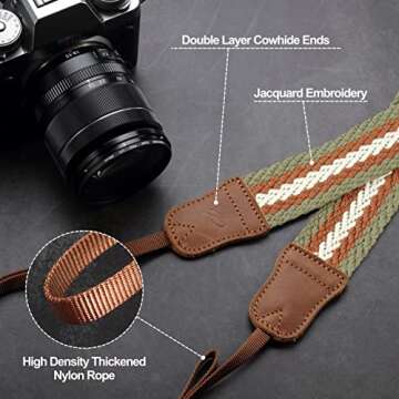 Padwa Lifestyle Stripes Camera Strap - 1.5" Soft Cotton Rope Weave Crazy Horse Cowhide Head Shoulder...