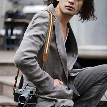 Padwa Lifestyle Stripes Camera Strap - 1.5" Soft Cotton Rope Weave Crazy Horse Cowhide Head Shoulder Neck Straps for Photographers and All Cameras,Cute Adjustable Vintage Woven Strap for Adults & Kids