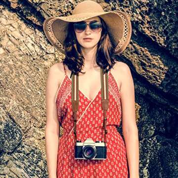 Padwa Lifestyle Stripes Camera Strap - 1.5" Soft Cotton Rope Weave Crazy Horse Cowhide Head Shoulder Neck Straps for Photographers and All Cameras,Cute Adjustable Vintage Woven Strap for Adults & Kids