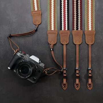 Padwa Lifestyle Stripes Camera Strap - 1.5" Soft Cotton Rope Weave Crazy Horse Cowhide Head Shoulder Neck Straps for Photographers and All Cameras,Cute Adjustable Vintage Woven Strap for Adults & Kids
