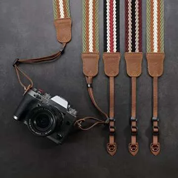 Padwa Lifestyle Stripes Camera Strap - 1.5" Soft Cotton Rope Weave Crazy Horse Cowhide Head Shoulder Neck Straps for Photographers and All Cameras,Cute Adjustable Vintage Woven Strap for Adults & Kids