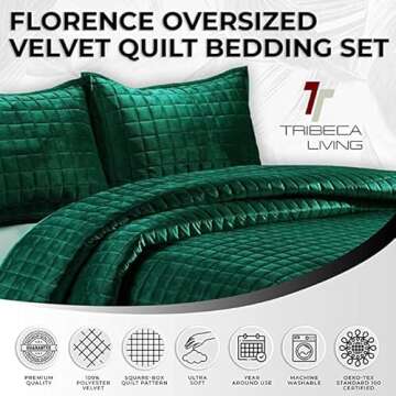 Tribeca Living Luxury Velvet Quilt Set King Size Bedding Set, 260 GSM Super Soft Velvet Oversized Co...