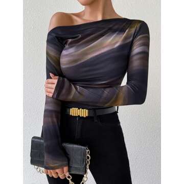 Floerns Women's Off Shoulder Tops Y2k Going Out Tops for Women Trendy Long Sleeve Asymmetrical Ruched T Shirts Tops Brown M