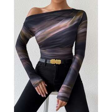 Floerns Women's Off Shoulder Tops Y2k Going Out Tops for Women Trendy Long Sleeve Asymmetrical Ruched T Shirts Tops Brown M