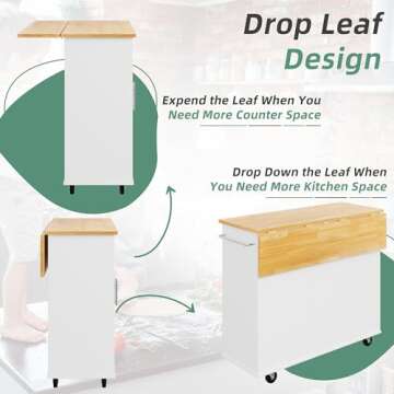 Shintenchi Rolling Kitchen Island Cart with Drop Leaf