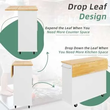 Shintenchi Rolling Kitchen Island Cart with Drop Leaf