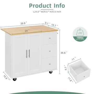 Shintenchi Rolling Kitchen Island Cart with Drop Leaf
