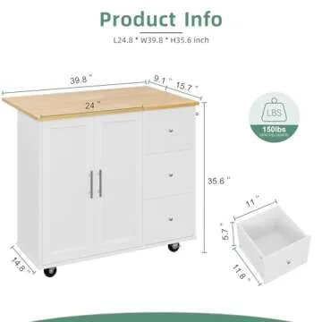 Shintenchi Rolling Kitchen Island Cart with Drop Leaf