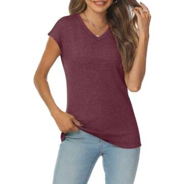 AUTOMET Womens V Neck Cap Sleeve Tshirts Casual Tops Cute T Shirts Summer Clothes Vintage Basics Tee, WineRed, L