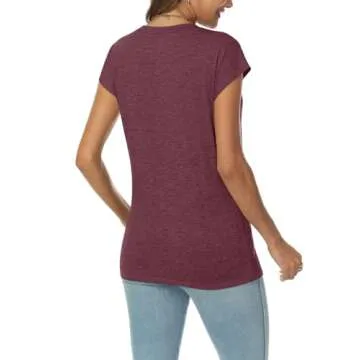 AUTOMET Womens V Neck Cap Sleeve Tshirts Casual Tops Cute T Shirts Summer Clothes Vintage Basics Tee, WineRed, L
