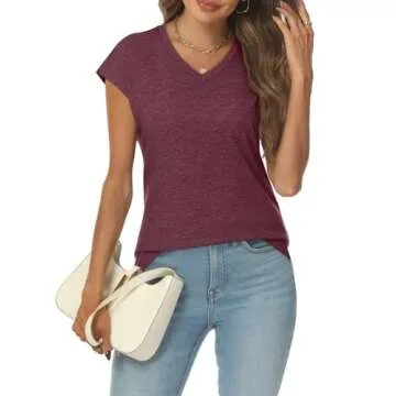 AUTOMET Womens V Neck Cap Sleeve Tshirts Casual Tops Cute T Shirts Summer Clothes Vintage Basics Tee, WineRed, L