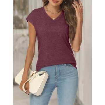 AUTOMET Womens V Neck Cap Sleeve Tshirts Casual Tops Cute T Shirts Summer Clothes Vintage Basics Tee, WineRed, L