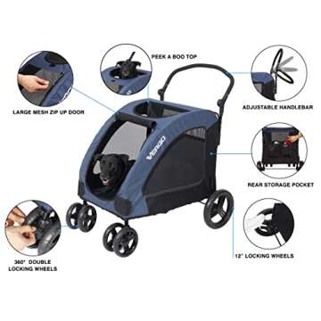 Vergo Blue Foldable Pet Stroller Wagon Cart with 4 Wheels, Adjustable Handle, Zipper Entry, Mesh Sky...