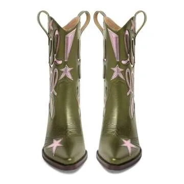 HOCHFART Metallic Cowboy boots for Women Mid Calf Low Heel Pointed Toe Womens Cowgirl Boots Fashion Embroidery Western Pull On Boots