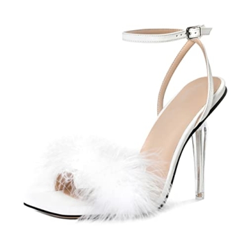 YODEKS Women Heeled Sandals Open Square Toe Strappy High Stiletto Heels Fluffy Furry Fuzzy Fur Feath...