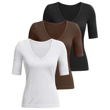 Ficerd 3 Pack Women's Half Sleeve V Neck T Shirts, Elbow Length Shirt Slim Fit Tunic Top Short Sleev...
