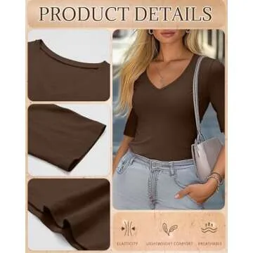 Ficerd 3 Pack Women's Half Sleeve V Neck T Shirts, Elbow Length Shirt Slim Fit Tunic Top Short Sleeve Casual Summer Tee(Black, Brown, White,Small)