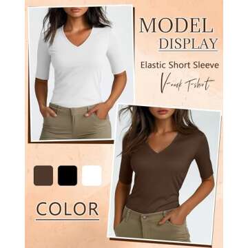 Ficerd 3 Pack Women's Half Sleeve V Neck T Shirts, Elbow Length Shirt Slim Fit Tunic Top Short Sleeve Casual Summer Tee(Black, Brown, White,Small)