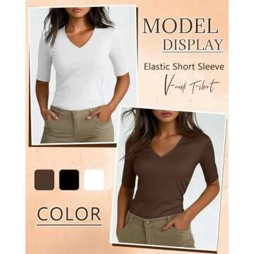 Ficerd 3 Pack Women's Half Sleeve V Neck T Shirts, Elbow Length Shirt Slim Fit Tunic Top Short Sleeve Casual Summer Tee(Black, Brown, White,Small)