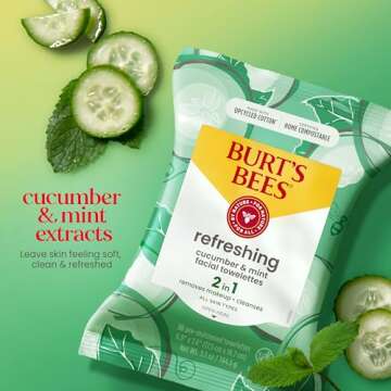 Burt's Bees Cucumber & Mint Face Wipes, for All Skin Types, Refreshing Makeup Remover & Facial Cleansing Towelettes, 30 Ct. (3-Pack)