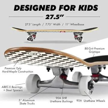 Magneto Complete Skateboard | 27.5" x 7.5" | 6-Layer Canadian Maple Double Kick Concave Deck | Skateboard Cruiser Skateboard for Kids, Boys, Girls, Beginners, and Teens