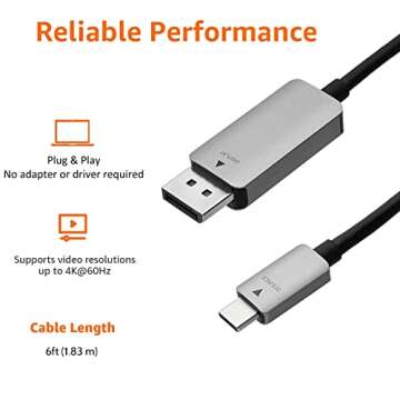 Amazon Basics 6ft DisplayPort to USB-C Cable, 4K@60Hz
