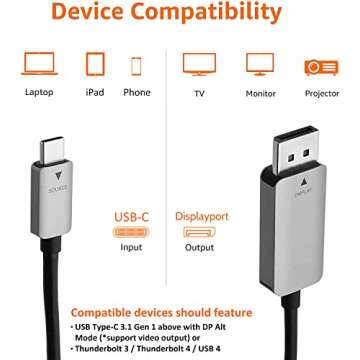Amazon Basics 6ft DisplayPort to USB-C Cable, 4K@60Hz
