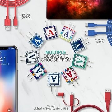 Classy Chargers Monogram Phone Charger Customized Gift for iPhone & Android | Add Optional 6 FT MFI Lightning Cable for iPhone or USB Type C Cable