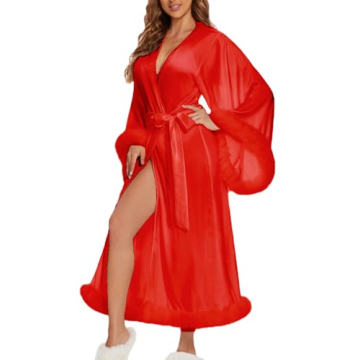 Kelaixiang Women Sexy Feathers Collar Perspective Sheer Long Lingerie Robe Nightgown Bathrobe Pajama...