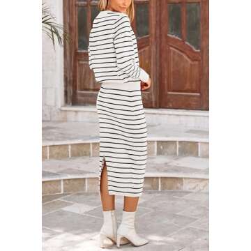 PRETTYGARDEN Women's 2 Piece Striped Sweater Set Casual Fall Long Sleeve Knit Pullover Midi Skirts M...