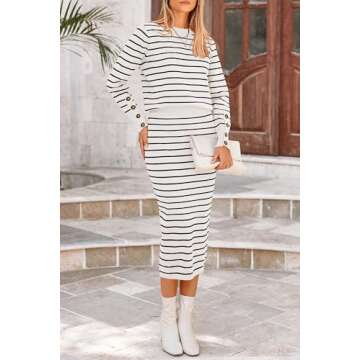 PRETTYGARDEN Women's 2 Piece Striped Sweater Set Casual Fall Long Sleeve Knit Pullover Midi Skirts Matching Travel Outfits (White Stripe,Small)