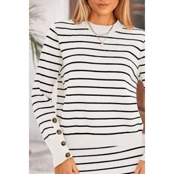 PRETTYGARDEN Women's 2 Piece Striped Sweater Set Casual Fall Long Sleeve Knit Pullover Midi Skirts Matching Travel Outfits (White Stripe,Small)