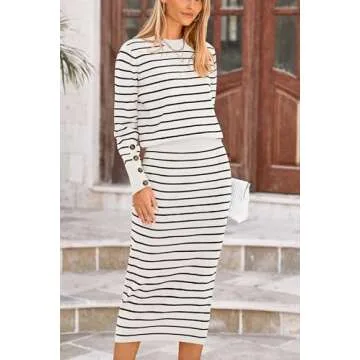PRETTYGARDEN Women's 2 Piece Striped Sweater Set Casual Fall Long Sleeve Knit Pullover Midi Skirts Matching Travel Outfits (White Stripe,Small)
