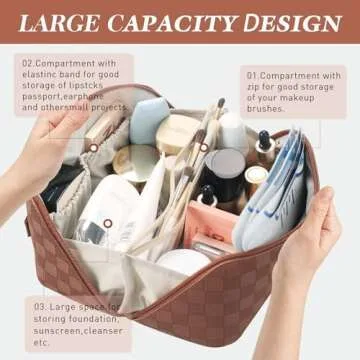 Abiudeng 2 piece Travel Makeup Bag,Large Capacity Cosmetic Bags Toiletry Bag for Travel Essentials,Waterproof Portable Pouch Open Flat Makeup bag Organizer with Divider and Handle(Brown Grid)