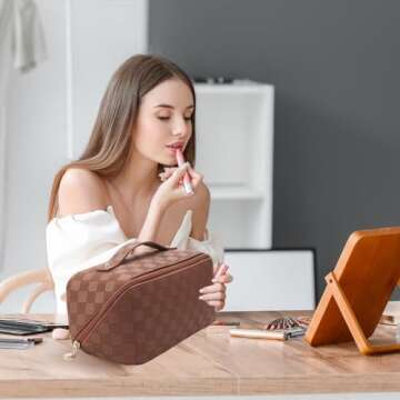 Abiudeng 2 piece Travel Makeup Bag,Large Capacity Cosmetic Bags Toiletry Bag for Travel Essentials,Waterproof Portable Pouch Open Flat Makeup bag Organizer with Divider and Handle(Brown Grid)