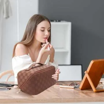 Abiudeng 2 piece Travel Makeup Bag,Large Capacity Cosmetic Bags Toiletry Bag for Travel Essentials,Waterproof Portable Pouch Open Flat Makeup bag Organizer with Divider and Handle(Brown Grid)