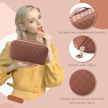 Abiudeng 2 piece Travel Makeup Bag,Large Capacity Cosmetic Bags Toiletry Bag for Travel Essentials,Waterproof Portable Pouch Open Flat Makeup bag Organizer with Divider and Handle(Brown Grid)
