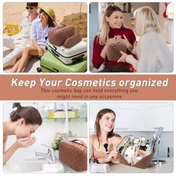 Abiudeng 2 piece Travel Makeup Bag,Large Capacity Cosmetic Bags Toiletry Bag for Travel Essentials,Waterproof Portable Pouch Open Flat Makeup bag Organizer with Divider and Handle(Brown Grid)